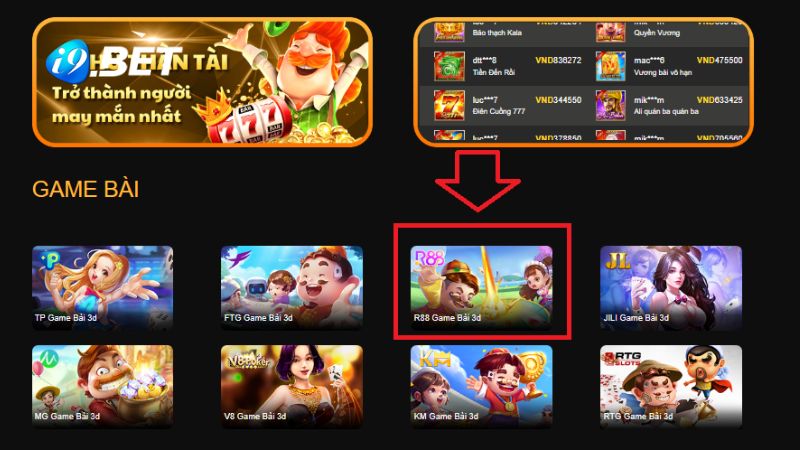 Bạn chọn sảnh R88 tại giao diện game bài i9BET